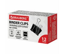 Зажим для бумаг 15 мм BRAUBERG черный в картонной коробке
