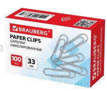 Скрепки 33 мм BRAUBERG, никелированные,  в картонной уп. 100 шт.
