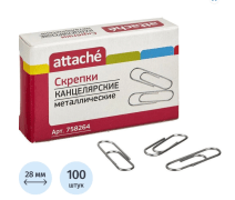Скрепки 28 мм Attache металлические, б/покрытия уп. 100 штук