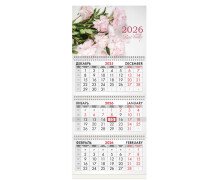 Календарь квартальный на 2026 г., 3 блока, 3 гребня, бегунок, офсет, BRAUBERG, "Пионы"