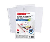 Файлы с перфорацией А4 30 мкм, BRAUBERG "ECONOMY", пачка 100 шт., гладкие